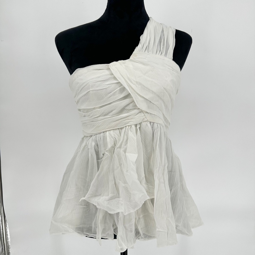 NWT Cinq a Sept Draven White One Shoulder Sleeveless Ruffle Pleaded Crop Top M